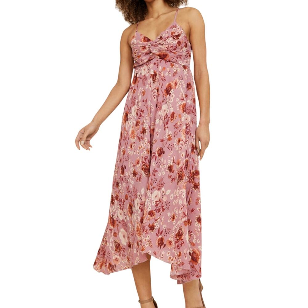 New Eye Shadow floral asymmetric hem twist babydoll empire waist sundress pink M